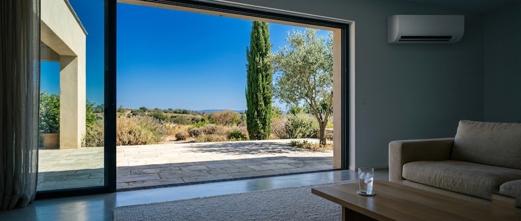 Intérieur provençal à l'ombre, volets mi-clos, contraste entre la chaleur extérieure et la fraîcheur de la pièce