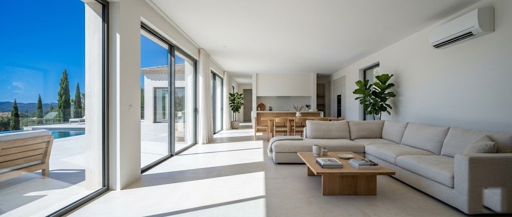 Pièce à vivre provençale baignée d'une lumière chaude, fenêtre ouverte sur le jardin