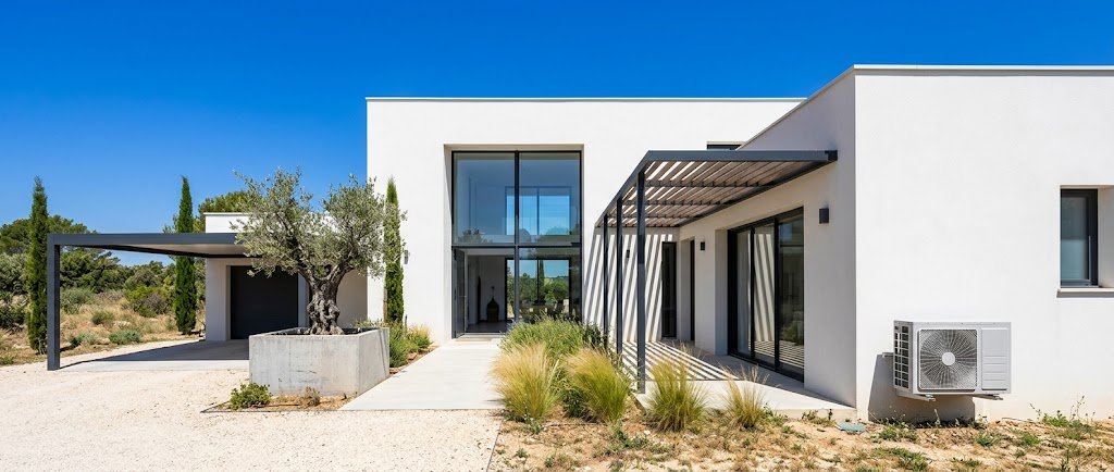 Groupe extérieur de climatisation installé sur la façade d'une maison moderne, liaisons gainées