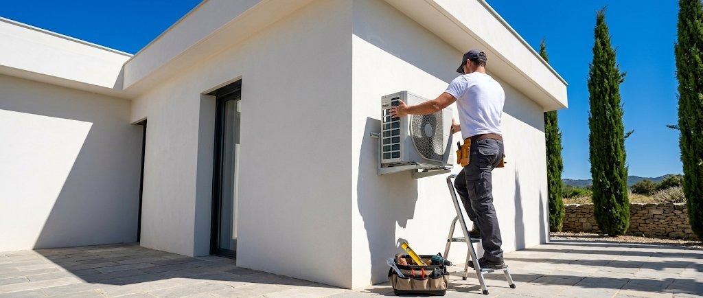 Installateur clim raccordant les liaisons frigorifiques d'une climatisation réversible