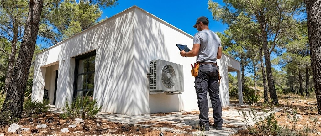 Pose d'un groupe extérieur de climatisation sur la terrasse d'une villa provençale contemporaine