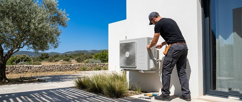 Installateur raccordant une pompe à chaleur air/air sur une villa provençale