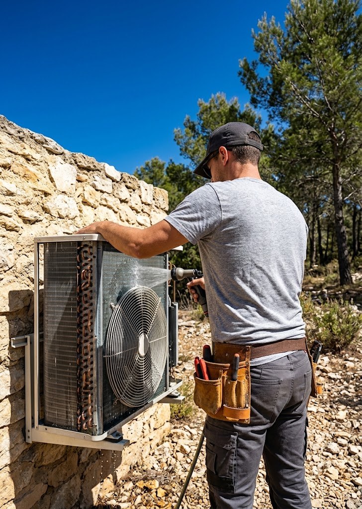 Nettoyage au jet de l'échangeur à ailettes d'un groupe extérieur de climatisation
