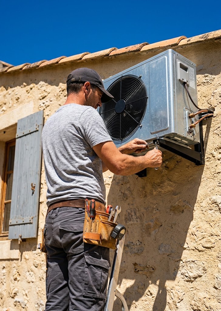 Installateur clim fixant un groupe extérieur de climatisation sur la façade en pierre d'un mas provençal