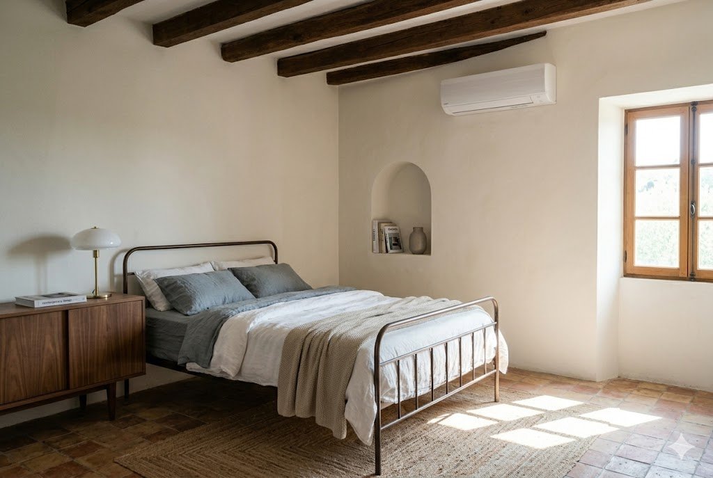 Chambre d'une maison provençale avec une unité intérieure de climatisation en partie haute