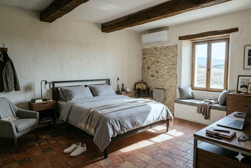 Chambre calme d'une maison en pierre équipée d'une unité intérieure silencieuse