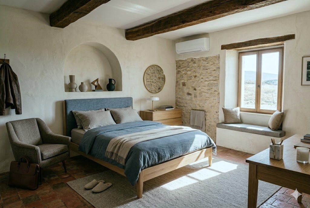 Chambre d'une maison en pierre, plafond intact, climatisée sans unité murale
