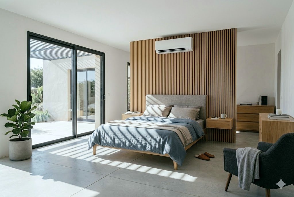 Unité intérieure de climatisation en mode nuit dans une chambre contemporaine