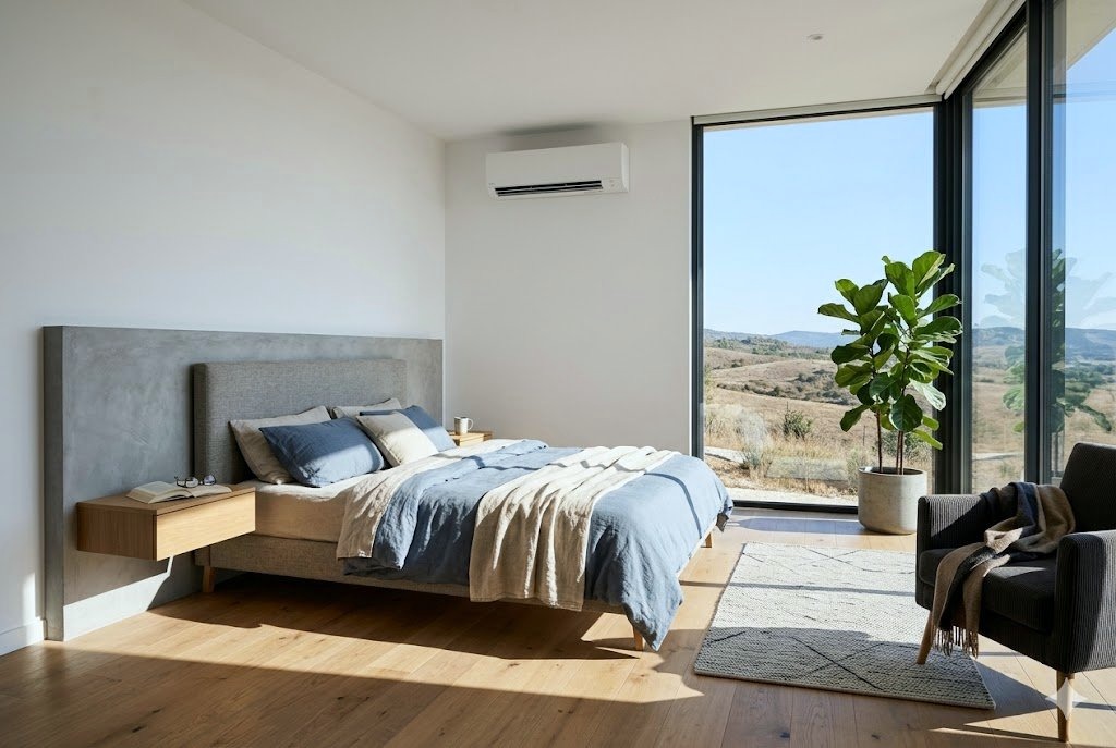 Unité intérieure murale de climatisation dans une chambre, fixée hors du flux d'air vers le lit