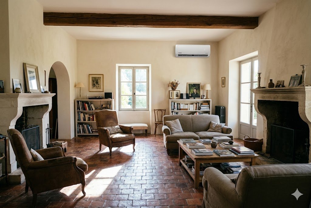 Salon d'une maison provençale en pierre équipé d'une unité intérieure de climatisation murale