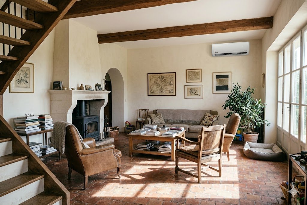 Séjour d'une maison en pierre sans unité murale apparente
