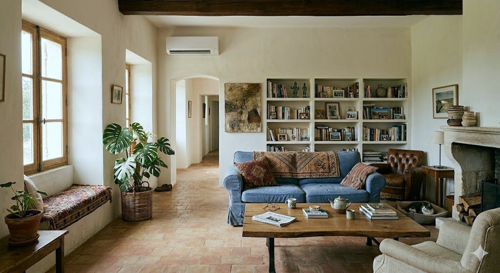 Unité intérieure de climatisation dans le séjour d'une maison provençale en pierre