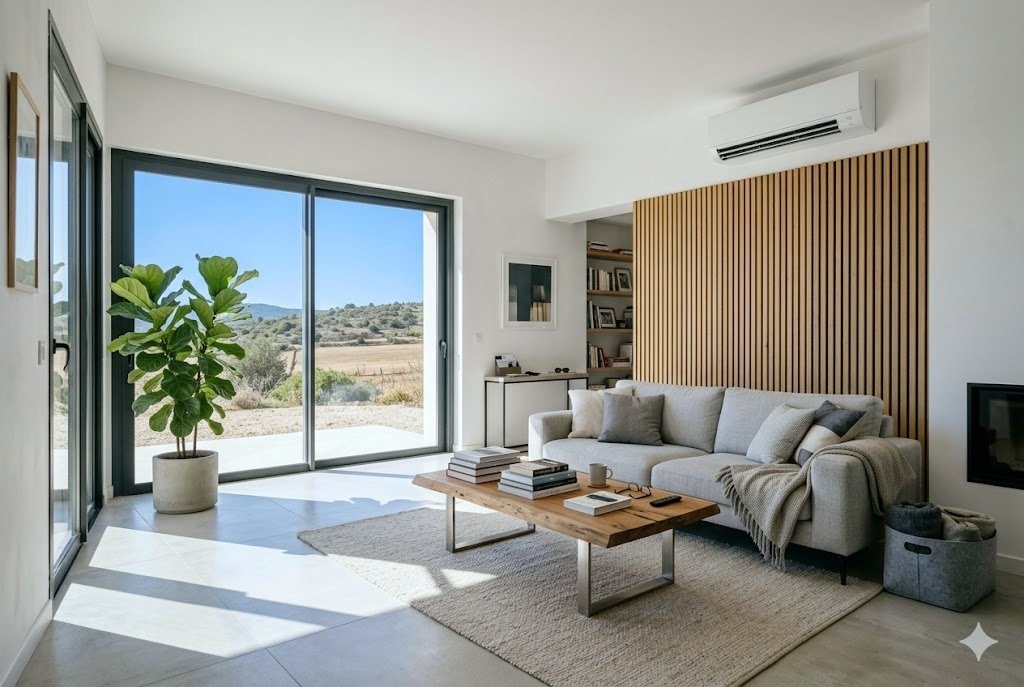 Séjour contemporain équipé d'une climatisation réversible en Haute-Provence