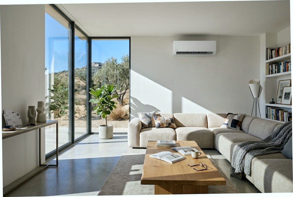 Séjour contemporain sans aucun appareil de climatisation visible, diffusion par grilles de plafond