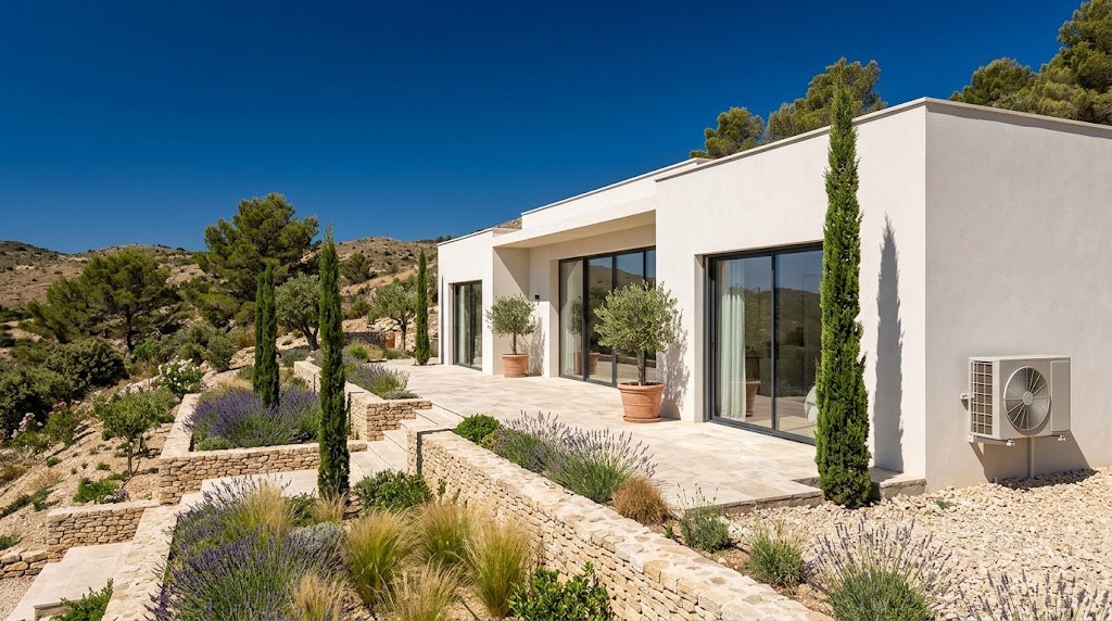 Habitation provençale contemporaine à flanc de colline, équipée d'une climatisation