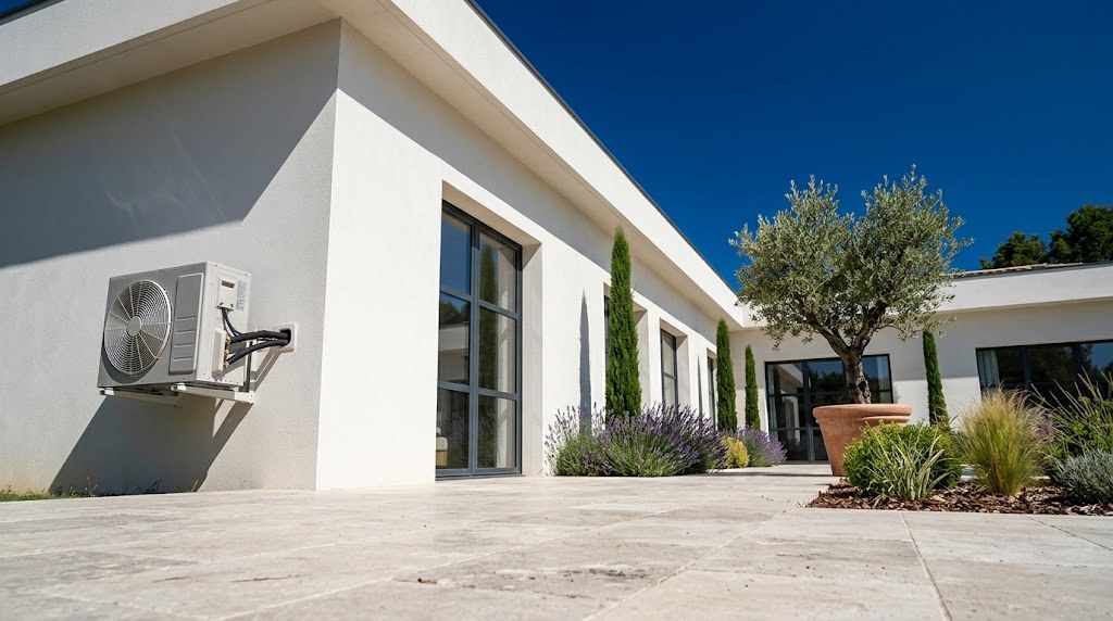 Groupe extérieur de climatisation monté sur la façade d'une villa provençale contemporaine