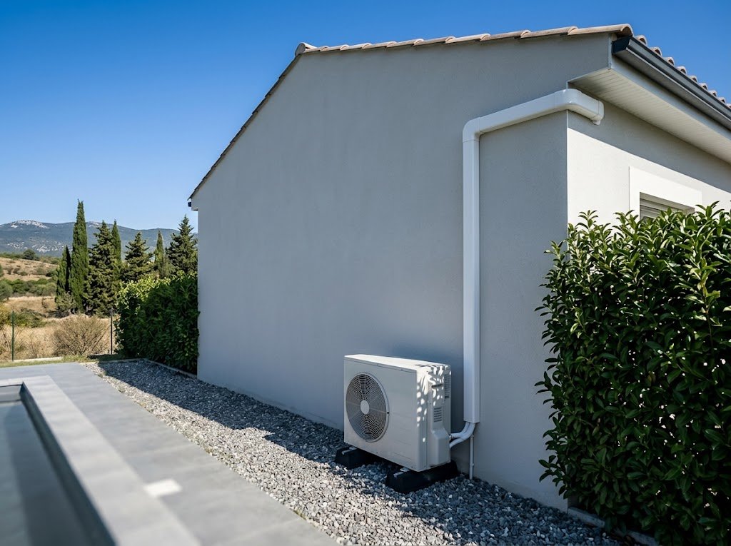 Groupe extérieur de climatisation sur le pignon d'une villa de Pertuis, à l'écart de la piscine