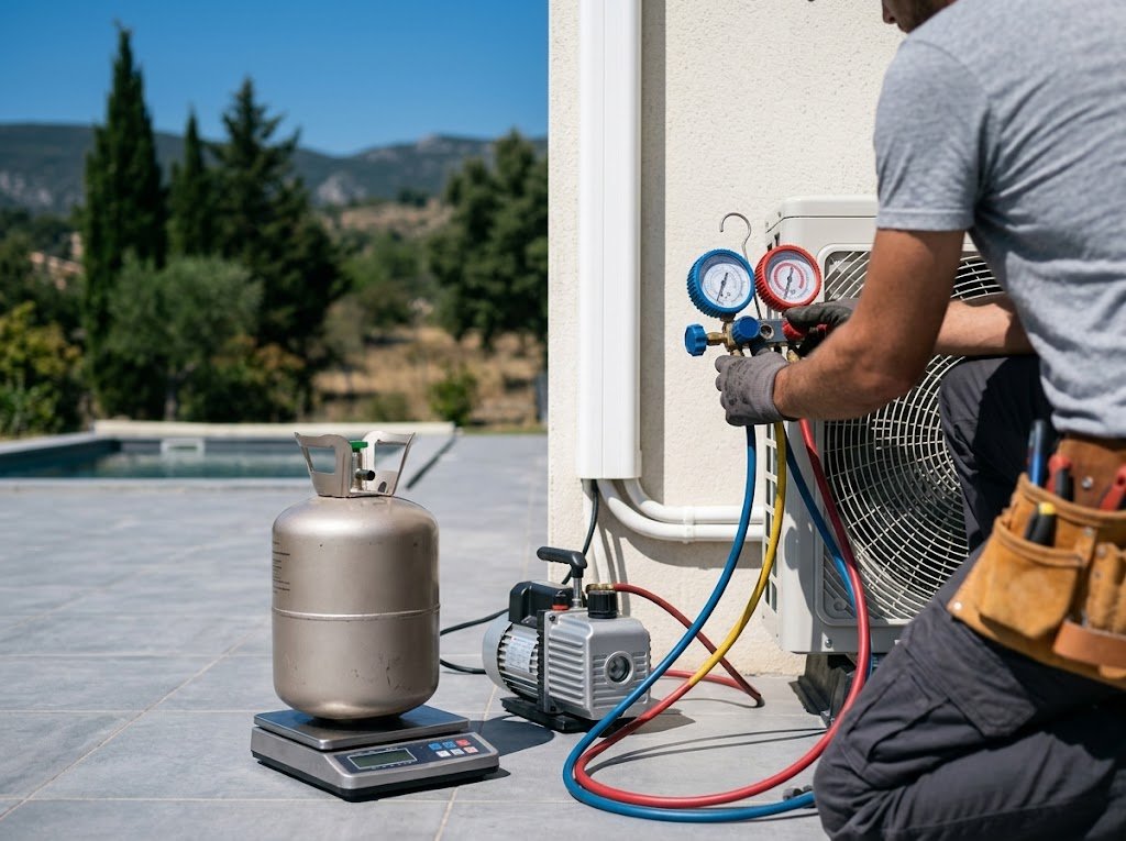 Dépannage climatisation à Pertuis : bouteille de fluide sur balance, manifold et pompe à vide devant le groupe